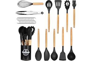 UPGROW Accroche Ustensiles de Cuisine Silicone, 24 Pièces, Set de Couverts de Cuisine, Antiadhésif, Set de Spatule en Silicone, Résistant à La Chaleur, Poignée en Bois, 12 Crochets en S,Louche,Lavable