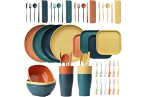 HooySprs 48Pcs Unbreakable Dinnerware Set for 4, Plates and Bowls Sets Tableware Sets Lightweight Colorful BBQ Plates, Bowls, Cups, Cutlery Set, Forks, Picnic Camping Dinner Sets