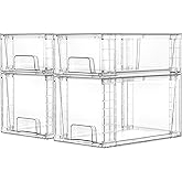 Vtopmart 4 Pack Clear Stackable Storage Drawers, Easy to Assemble Bathroom Organizers and Storage with Handles, Plastic Stora