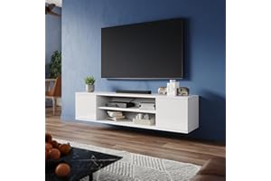 ZANOFIRA Floating TV Unit Stand, High Gloss TV Stand with 2 Side Cabinet, Modern TV Cabinet with Open Shelf Storage for Living Room, 1300x300x300mm, White