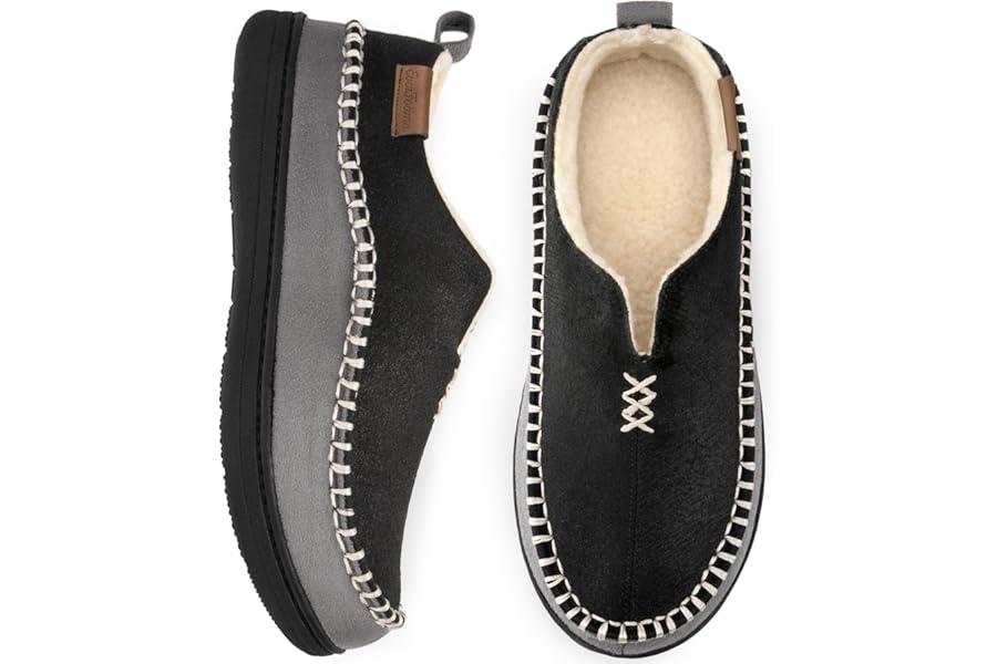 EverFoams Men's Micro Suede Memory Foam Moccasin Slippers with Fuzzy Sherpa Lining and Anti-skid Sole