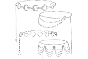 POFIBO 4 Stück Taillenkette Verstellbarer Silber Kettengürtel, Damen Körperkette Metall Bauchkette, Vintage Körperschmuck Taille Kette Kettengürtel für Kleid Jeans