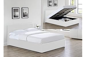 MODERNIQUE® Bilancio Ottoman Storage White Faux_Leather Double Sized (4FT6) Bounce Sprung Slats Base, Gas Lift up End Up Fabric Covered Floor Massive Storage Bed (White, Double (4FT6)
