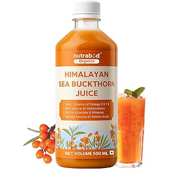 Nutrabud Organics Himalayan Sea Buckthorn Berry Juice - 500 ml - Natural Source of Vitamin C, Omega 3 6 7 9, Antioxidants For Immunity, Skin Glow & Gu