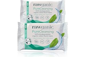 RAWGANIC Lingettes Démaquillantes Bio | Visage, Yeux, Lèvres | Coton Bio Biodégradable | Aloe Vera Thé Vert | Sans parfum (Lot de 2 paquets (50 lingettes))