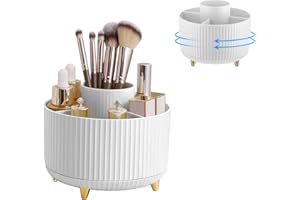 Lacusmall 360° Rotating Makeup Organiser Make Up Brush Holder, Makeup Organiser Rotating with 5 Compartments for Dressing Table Bedroom Bathroom Office White