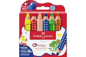 ‎FABER-CASTELL Faber-Castell 110635 Set Grippy, 6 Jumbo Buntstifte für Kleinkinder, leicht abwaschbare Malstifte für Kinder, ergonomische dreieckige Form, dicke Buntstifte, 10mm dicke Mine, Anspitzer Inklusive