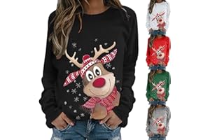 Nuoke Christmas jumpers for women Ugly Long Sleeve Elk Print ladies Jumper plus size Sweatshirt Xmas Pattern tops Casual funny Comfortable Light novelty Clothes outfits