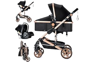 MoLi Carrito de Bebe 3 en 1, Carro Bebe 3 Piezas Plegado Conveniente con Un Solo Clic, Carrito Bebe con Modo de Doble Empuje Reversible, Cochecito Bebe 3 Piezas Paisaje Alto (739 Black Gold)