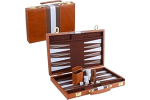 RERIVER Backgammon Set 2 Players Classic Backgammon Sets for Adults Board Game with Premium Leather Case Portable and Travel Backgammon Set (Brown, 15inch)