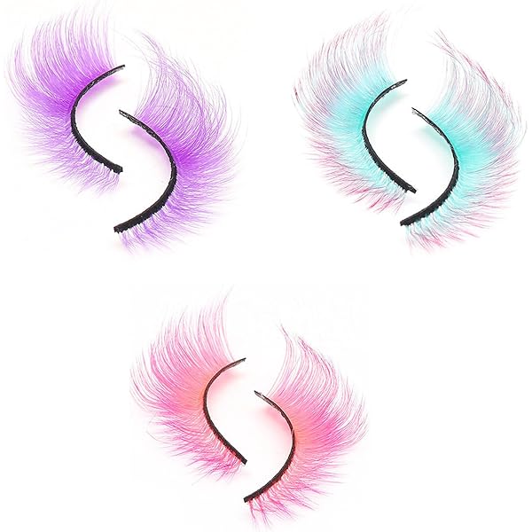 3 Paar Farbige Wimpern – Rosa, Blau, Lila, Feder-Look, Für Party & Karneval