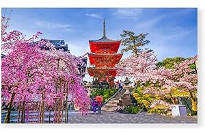 IUDWCG - 1 Pcs Pagode japonaise avec fleurs de cerisier Tapisserie d'art Tapisserie japonaise Fond mural Suspension Fond Bannière Art Naturel Chambre (59.1 x 51.2 pouces)