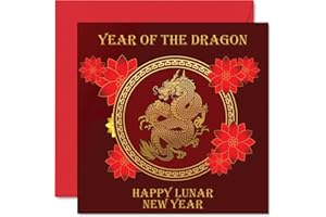 STUFF4 Family Lunar/Chinese New Year Cards for Women Men - Dragon - Happy Lunar New Year Card To All The Family Sister Brother Cousin Uncle Auntie, 145mm x 145mm Single Greeting Cards Gift