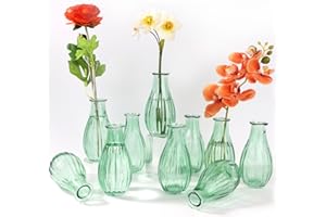 Otauoaea Lot de 10 Petits Vases en Verre, 220ML Mini Vases en Verre Vintage Mini Vase Deko Set Différentes Tailles Vase de Fleurs,pour Décorations de Table Moderne Centres de Table,Vert