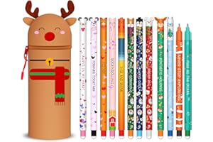 ZAPPELSTIFT Trousse 2-in-1-Silicone - Noël stylos à encre gel effaçables, Kawaii, Fermeture Eclair en Silicone, Pochette de Stylo, stylo 0,7 mm (Renne + 12 stylos effaçables)