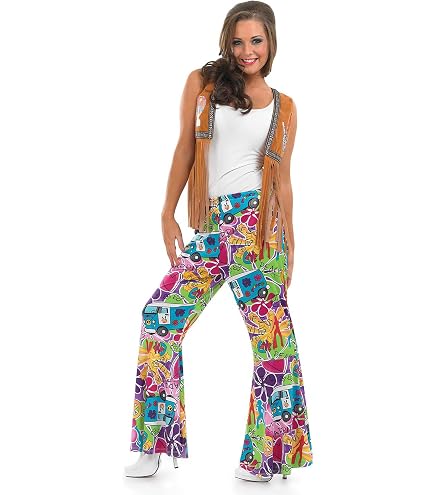 Hippie Kostüm Für Damen 60er/70er Jahre – Gelbe Schlaghose & Bunte Blumen-Bluse, Größe XS Bis XL