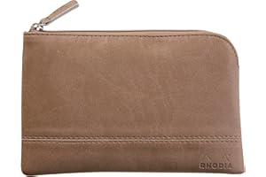 RHODIA 116525C - Pochette Zippée en Simili Cuir - Taupe - Taille S (11 x 17 cm) - Coutures Véritables - Intérieur Tissu Orange - Rangement Documents, Petites Fournitures