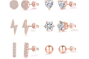 XOEMEL Ohrstecker Silber 925 6 Paar Ohrringe Silber 925 Set Herz Ohrstecker Rosegold mit Cubic Zirkonia Hypoallergen 14K Vergoldete Ohrstecker für Damen Mädchen