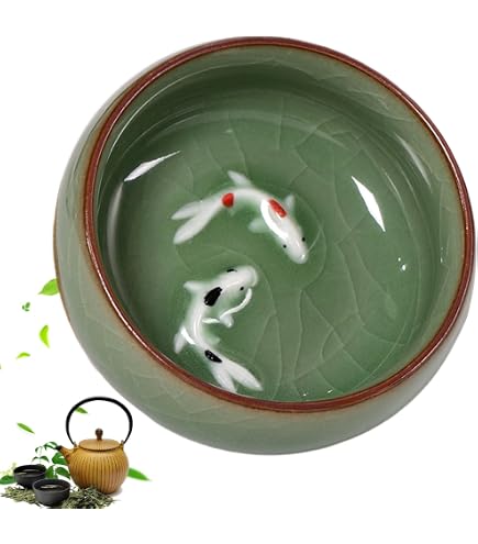 Tea Soul - 2 Tasses Porcelaine Céladon Bleu 7,5 X 7,5 X 3,8 Cm - Service à Thé Élégant Avec Poissons