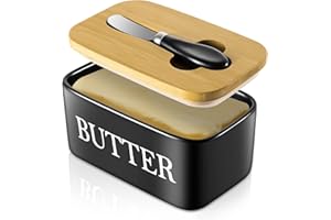 Dyserbuy Butter Dish with Lid, Butter Dish, Porcelain Butter Container with Double Silicone Seals Cover, Ceramic Butter Keeper with Knife, Perfect for East West Coast Butter, 650ml (Black)