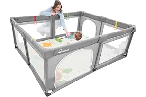 AMO NENES Baby Playpen Foldable, Large Baby Play Yard Indoors Outdoor, Children’s Fence Play Area for kid & Toddlers, Adjustable Safe Activity Center 155*185*170cm, Visible Mesh, 6 Pull Rings and Storage Bag