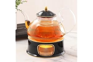 DUJUST Théière en forme de fleur au design britannique de luxe avec décor en relief et garnitures dorées, théière transparente fabriquée à la main avec réchauffeur, théière en verre de 1 200 ml avec