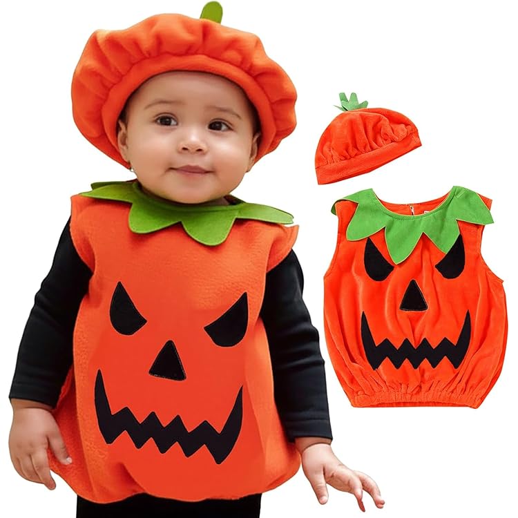 Costume Halloween Bébé Citrouille - 2 Pièces (barboteuse + Chapeau) - Taille 0 à 24 Mois - Coton Doux, Lavable Machine