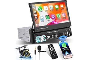 HIKITY Radio samochodowe 1Din Wireless Carplay z systemem Android Auto z wysuwanym ekranem 7", radio samochodowe stereo z zestawem głośnomówiącym Bluetooth, interfejs USB typu C, AUX FM RDS Mirror Link,