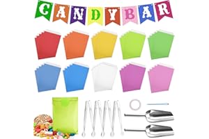 BUYUPOP 62 Stück Candy Bar Zubehör, Enthält 50 Stück Candybar Tüten und 50 Sticker, 4 Stück Zuckerzange und 2 Stück Schaufel und 1 Girlande, für Büfett Grill Hochzeit Party Geburtstag - Einfarbig