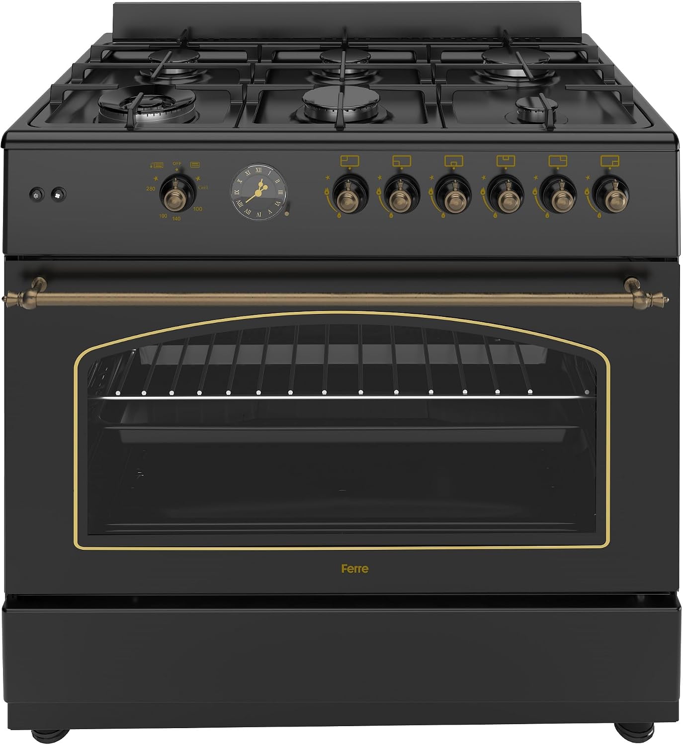 Ferre F9S60GF-BL-RETRO 90cm Gas Range Cooker With Double Turbo Fan & 6 Burner(1 Wok) Gas Hob - Black