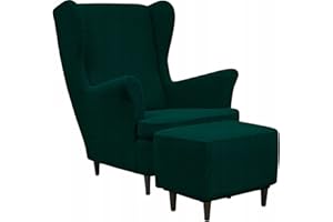 Domidekor Ohrensessel Überzug & Ottoman Schonbezug - Sesselbezug Stretch + Polsterhocker Dunkelgrün - Strandmon Sessel Bezug und Hockerbezug - Elastisch Samt Velour Schmutzabweisend - Oeko-Tex 100