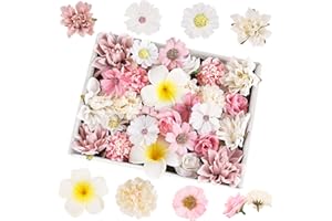 TURIUEBA 36Pcs Flores de Tela Manualidades Rosas Artificiales Margaritas Decoracion Ropa Plastico Adorno Diminutas Mixtas Sueltas Cabezas Flores +2 Horquilla de Plumeria, para DIY Corona Decorar Boda Fiesta