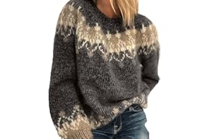BEERMMAY HUIPYOU Damen Herbst Winter Rundhals Casual Lose Mohair Grobstrick Jacquard Damen Pullover, Schwarz, XL