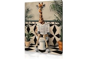 Qiukoo Wall Art Funny Giraffe Toilet Print – Framed Canvas Artwork for Bathroom Pictures and Decor, Waterproof Toilet Wall Art with Frame and Hanging Hooks, 12x16 Inch