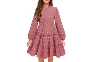 Arshiner Vestido Niña Festivo con Volantes Cuello en V Manga Larga Vestido de Gasa con Puntos Suizos Vestido de Fiesta Infantil Vestido de Princesa para Boda Vestido Skater 5-12 Años