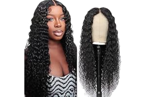 Salharer Parrucca Donna Capelli Veri Umani 13x1 Lace Front Wig Deep Wave Human Hair Wig Natural Black Wig Pre Plucked with Baby Hair 180% Density Hair 14 Pollice