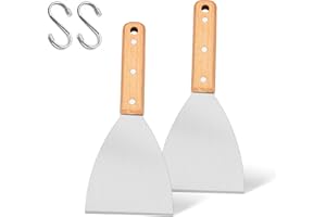 Joyfair 2 Pieces Griddle Scraper, Stainless Steel Slant Edge Grill Scrapers for Food Service/Cooking/Cleaning, Ideal for BBQ Indoor & Outdoor, Wooden Handle, Dishwasher Safe