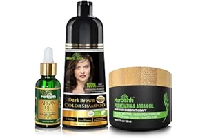 ‎HERBISHH 'Herbishh After Color Shampoo Combo zawiera farba do włosów, 500 ml, olejek arganowy, 30 ml na keratynę i maskę do włosów, 100 g, do prostowania, połysku i ochron (Dark Brown)