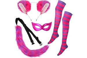 XEPST 4 PZ Rosa e viola a strisce Gatto Costume per le donne-Orecchie di gatto e la coda Set con orecchie di gatto, maschera per gli occhi, coda pelosa, Calze a righe per Halloween Cosplay Carnevale