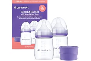 Lansinoh Anti Colic Baby Bottle - 2 Pack 160 ml - NaturalWave® Teats Reduces Nipple Confusion - BPA & BPS-Free Breastfeeding Bottle Feeding Stackable Lid Fridge Freezer Milk Storage Feeding Bottles