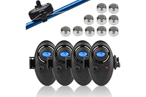 Coolnice 4 Pack Fishing Bite Alarm Adjustable Sound Volume with Bonus 10 Batteries, Upgraded Electronic Fish Rod Bait Alert Indicator LED Alarms Daytime/Night Carp Fishing Outdoor
