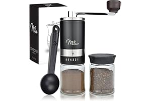 Milu Manuelle Kaffeemühle Handkaffeemühle mit Keramik Mahlwerk I 6 Stufen Mahlgradeinstellung I Espressomühle I – mit Löffel & Bürste (Schwarz)