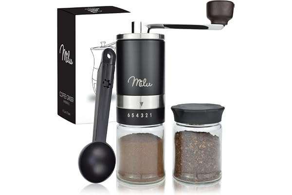 Milu Moulin à Café Manuel, En Acier Brossé Inoxydable avec Meule Ajustable en Céramique, Broyeur en Taille Compacte avec cuillère et brosse (Noir)