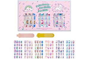 SESEBEE 144Pcs Kids Press on Nails Children Girls Press on Short Artificial Fake Nails No fading Stable Quick Stick on Cute Pre Glue Full Cover Acrylic Nail Tip Kit Gift for Kids Nail Decoration (Rainbow)
