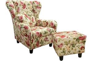 ‎LUMA-HOME SCHÖNES FÜR DEIN ZUHAUSE Gemütlicher Ohrensessel mit Hocker im Landhaus-Stil, hoher Sitzkomfort durch Wellenunterfederung, moderner Lesesessel mit Echtholzfüßen und Zierkissen, Webstoff mit Blumenmuster / 18004