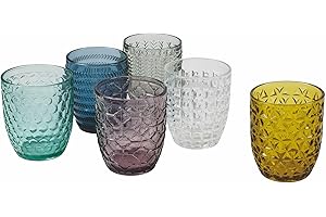 VILLA D'ESTE HOME TIVOLI Villa d’Este Home Tivoli Geometrie Set Bicchieri Acqua in Vetro colorato con Lavorazione a Rilievo, 300 ml, Multicolore, 6 unità (Confezione da 1)