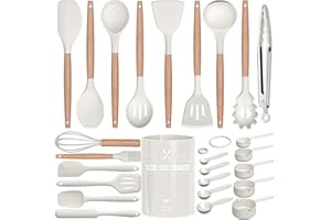 TERLULU Set di 26 utensili da cucina in silicone, resistenti al calore, con porta utensili, set di utensili da cucina antiaderente con manico in legno, tongs, whisk, spatula – bianco