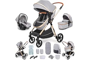 Reenborn 3 in 1 Baby Stroller Travel System, Pushchair 3 in 1 Set, Toddler Pram with Reversible Two Pushing Modes, Newborn Buggy Aluminum Frame, Infant Carriage One-Click Folding (H2 Light Grey)