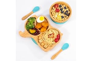Vinsani Bamboo Elephant Plate Bowl and Spoon Set for Baby Toddler Kids Children, Suction Plate, Stay-Put Non-Slip Base Design, Hypoallergenic, Food-Grade Silicone and BPA-Free Baby Feeding Set (Blue)