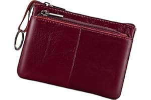 BIDPONDS Porte-monnaie en cuir véritable avec triple fermeture éclair et porte-clés, rouge vin, Pochette à monnaie